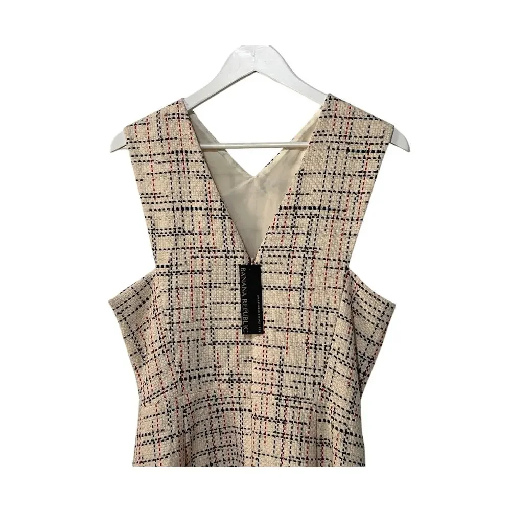 BANANA REPUBLIC WOMENS 14 TWEED CROSS FRONT DRESS CREAM RED BLUE NEW